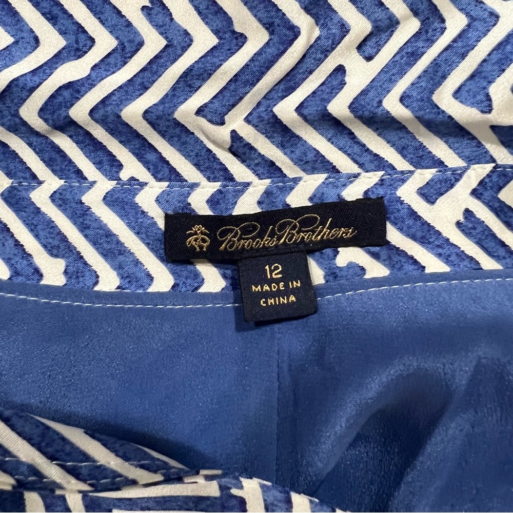 Brooks Brothers Silk Charmeuse Herringbone Print Blue Belted Shirt Dress 12 - Picture 5 of 6